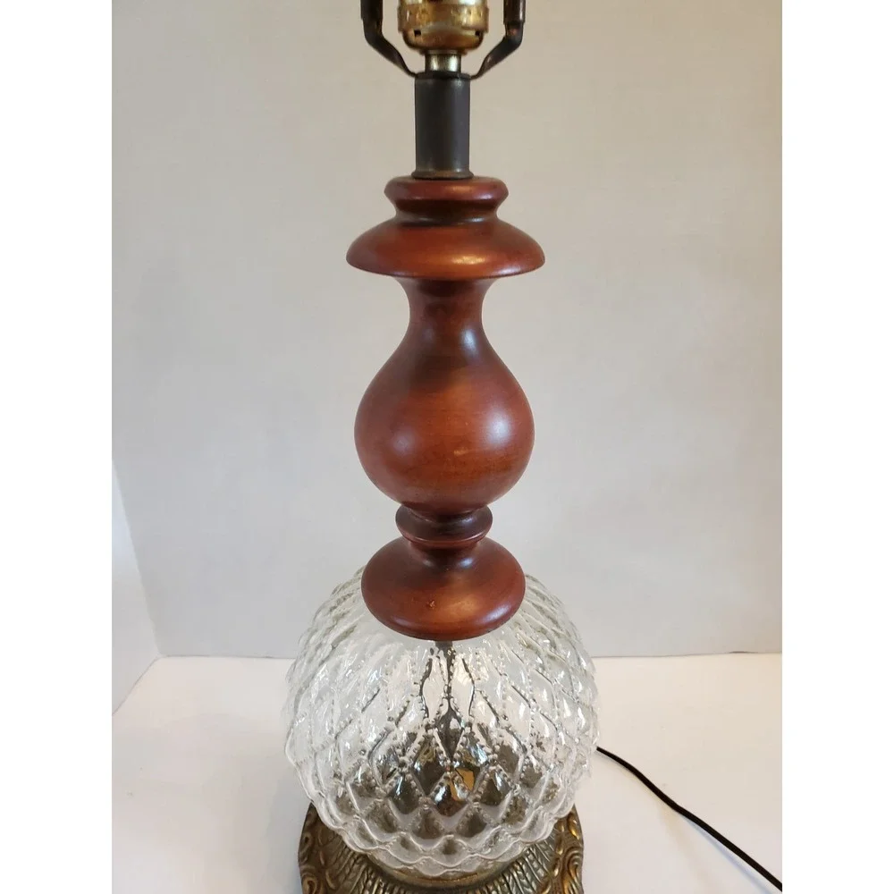 Beautiful Vintage Mid Century Clear Optical Glass, Brass & Wood Table Lamp